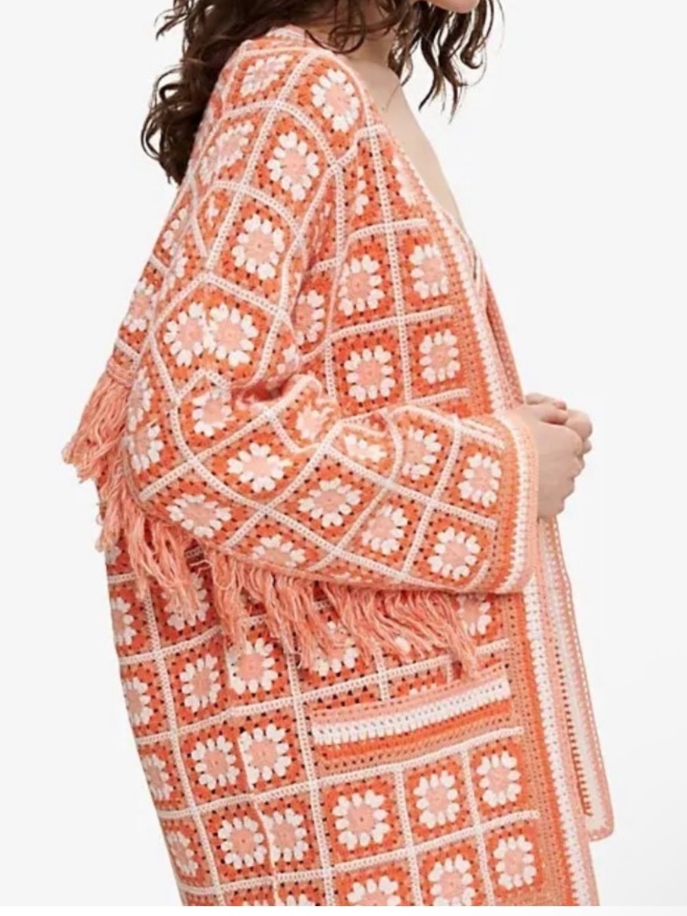 Maje Mathiou Cotton Fringe Orange White Crochet Knit Cardigan Sweater - Picture 3 of 7